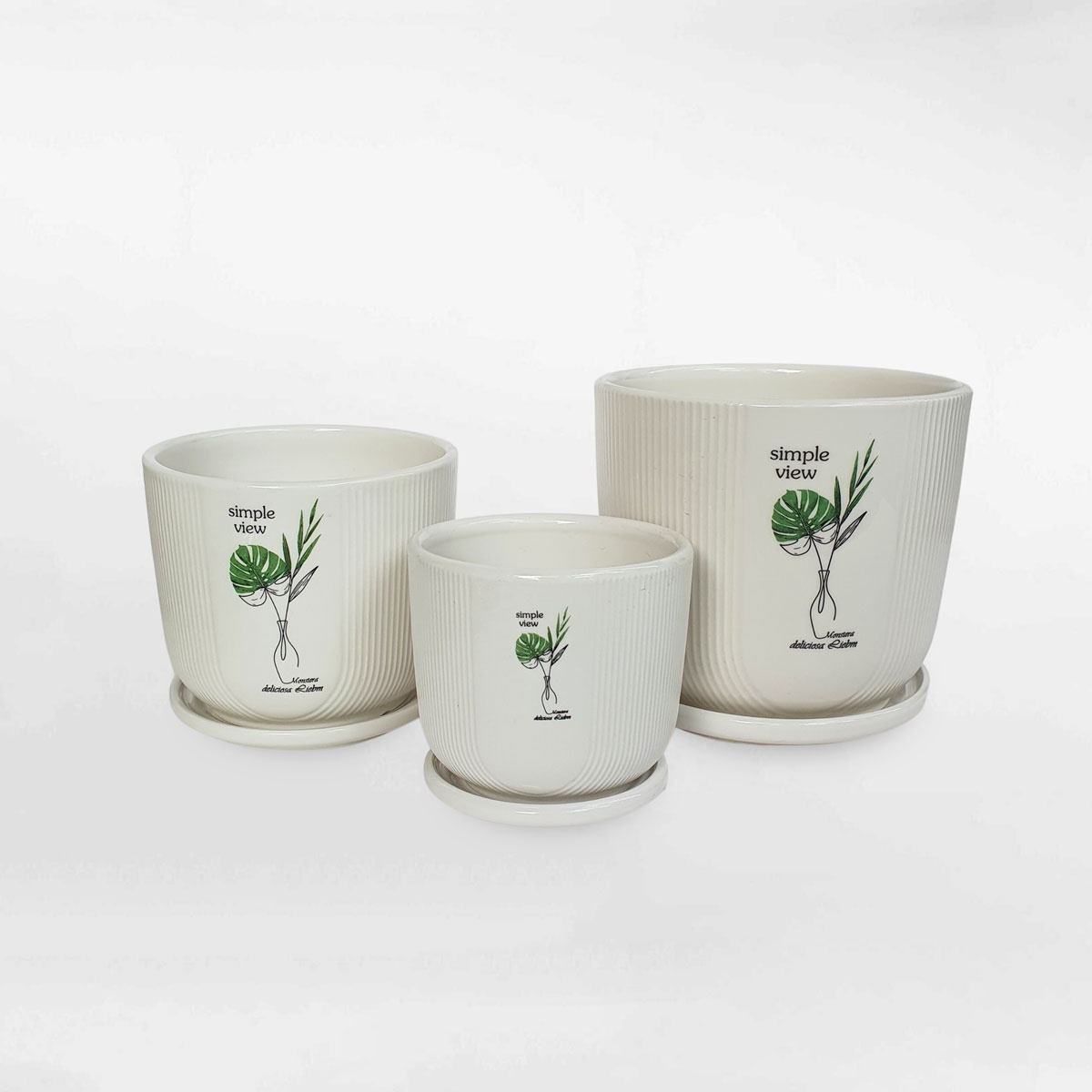Chậu gốm sứ họa tiết lá Monstera có dĩa GOSU057