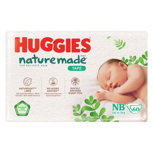 Combo 2 bỉm tã dán Huggies Platinum Nature Made size Newborn 60 miếng (dưới 5kg) - Giao bao bì ngẫu nhiên