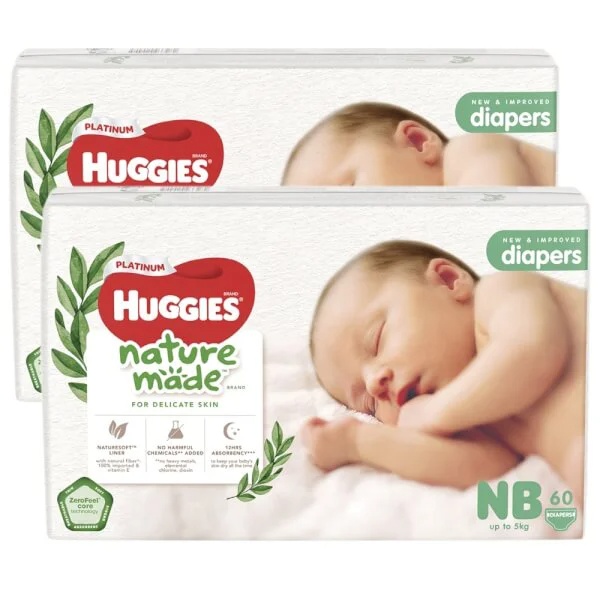 Combo 2 bỉm tã dán Huggies Platinum Nature Made size Newborn 60 miếng (dưới 5kg) - Giao bao bì ngẫu nhiên