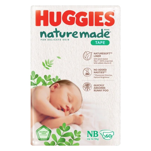 Combo 2 bỉm tã dán Huggies Platinum Nature Made size Newborn 60 miếng (dưới 5kg) - Giao bao bì ngẫu nhiên