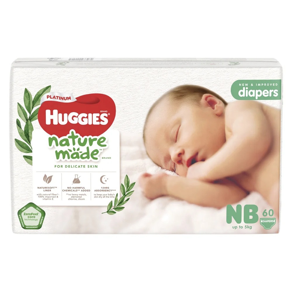 Combo 2 bỉm tã dán Huggies Platinum Nature Made size Newborn 60 miếng (dưới 5kg) - Giao bao bì ngẫu nhiên