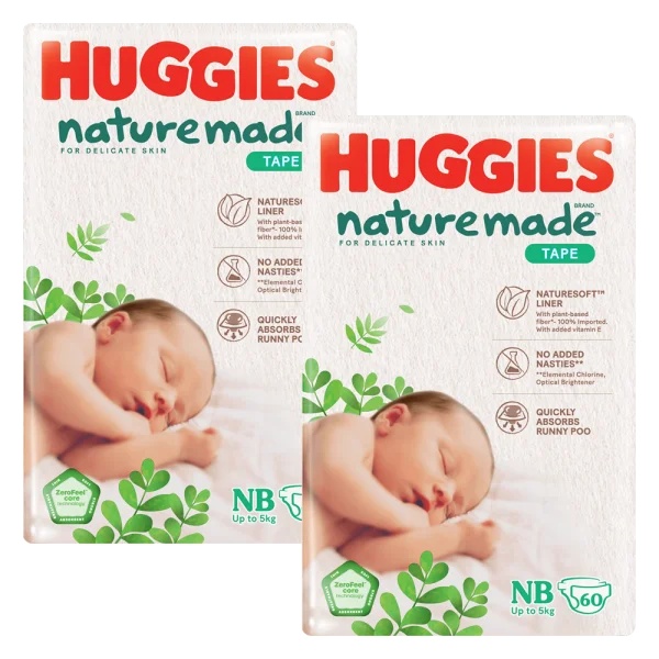 Combo 2 bỉm tã dán Huggies Platinum Nature Made size Newborn 60 miếng (dưới 5kg) - Giao bao bì ngẫu nhiên