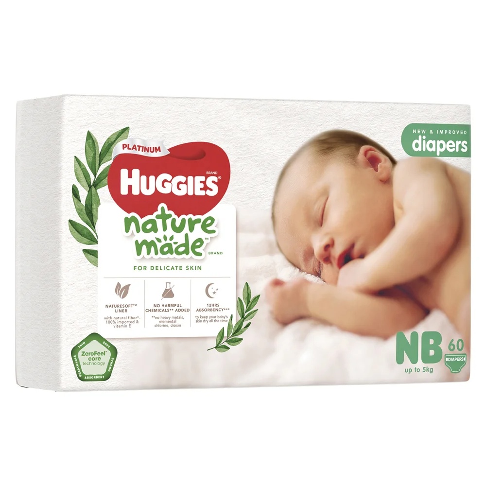 Combo 2 bỉm tã dán Huggies Platinum Nature Made size Newborn 60 miếng (dưới 5kg) - Giao bao bì ngẫu nhiên