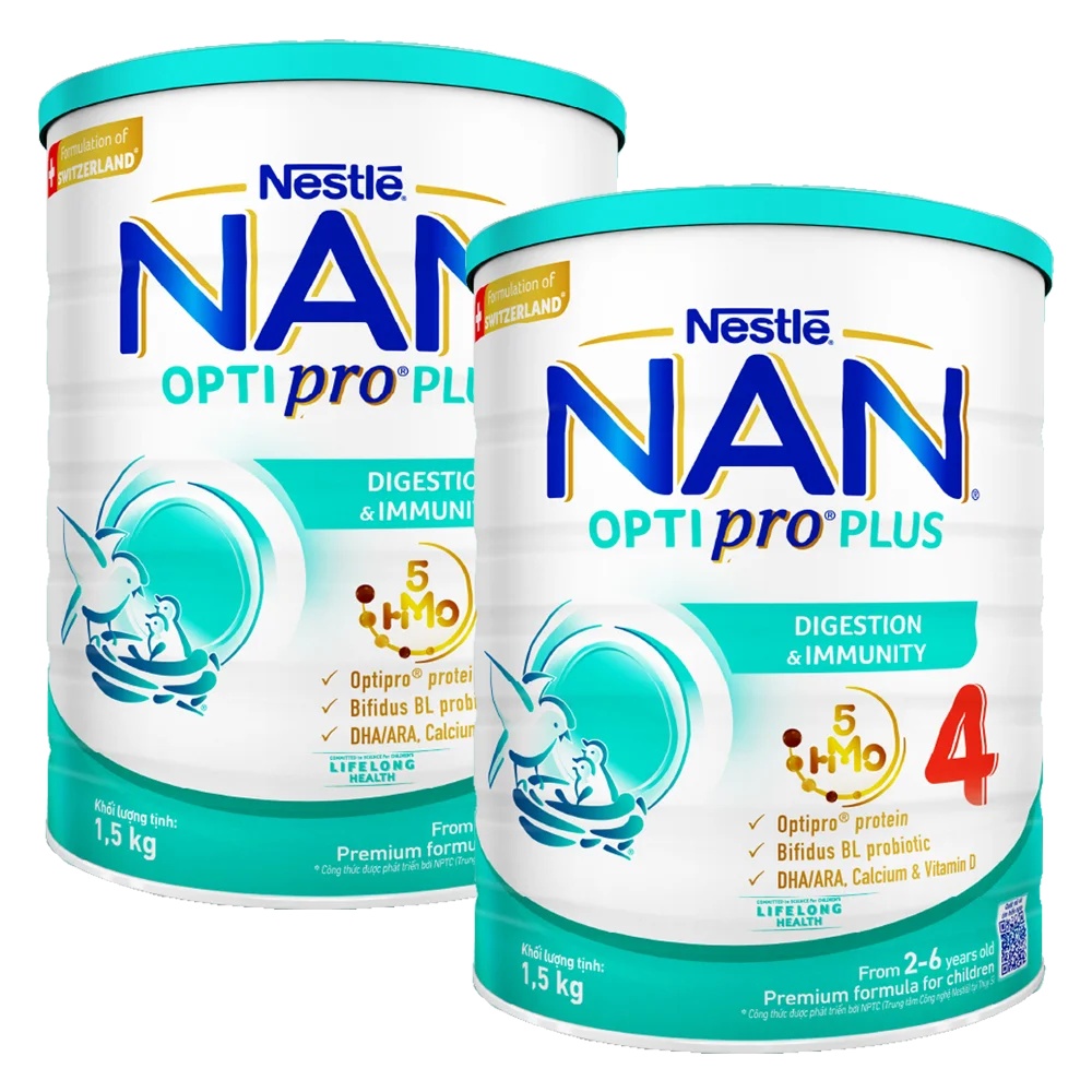 Combo 2 Sữa Nan Optipro PLUS 4 1.5kg, với 5HMO, Công thức từ Thụy Sĩ (2-6 tuổi)