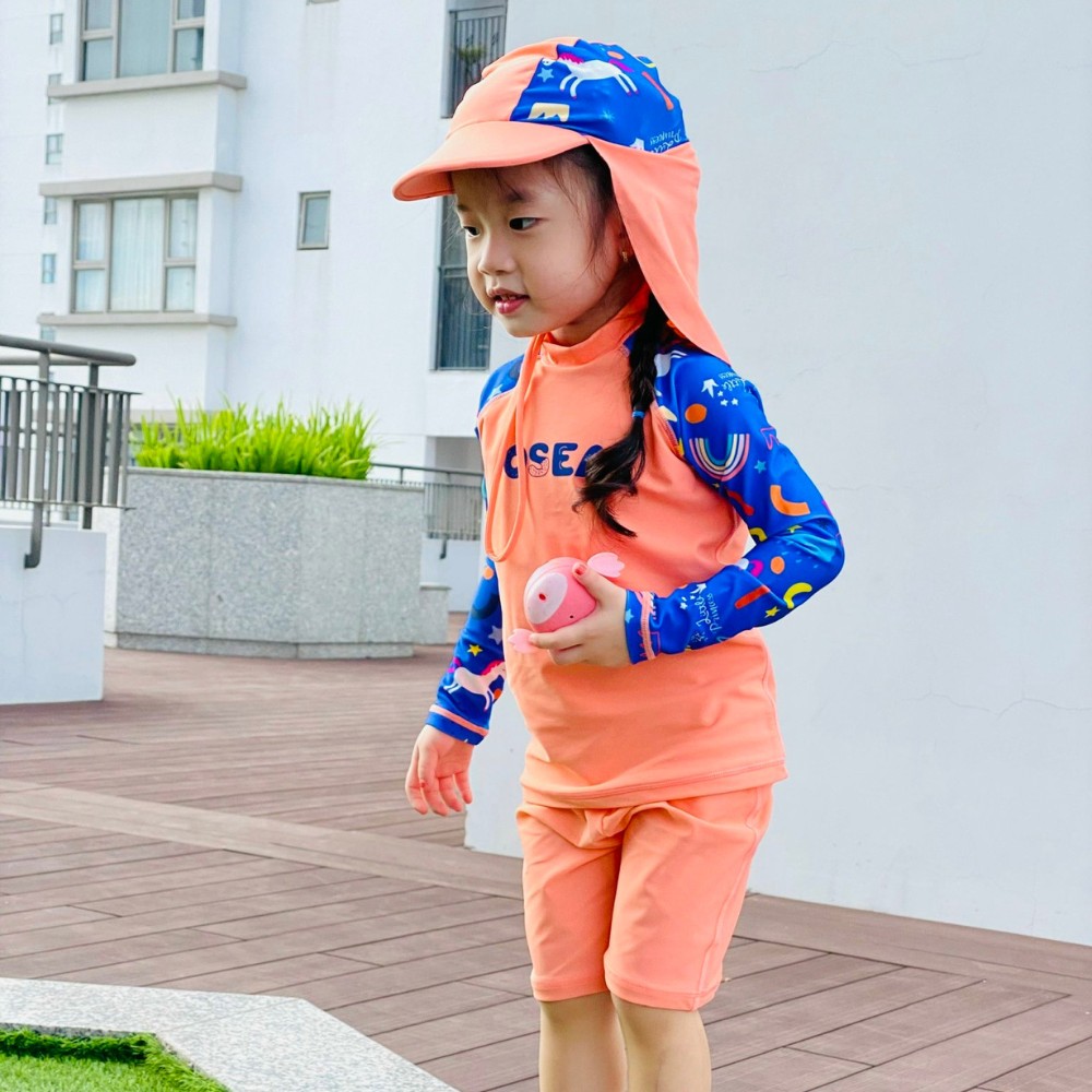 Đồ bơi chống nắng bé gái (không kèm nón) - Peach Flower Pink UV Protection Girl Set