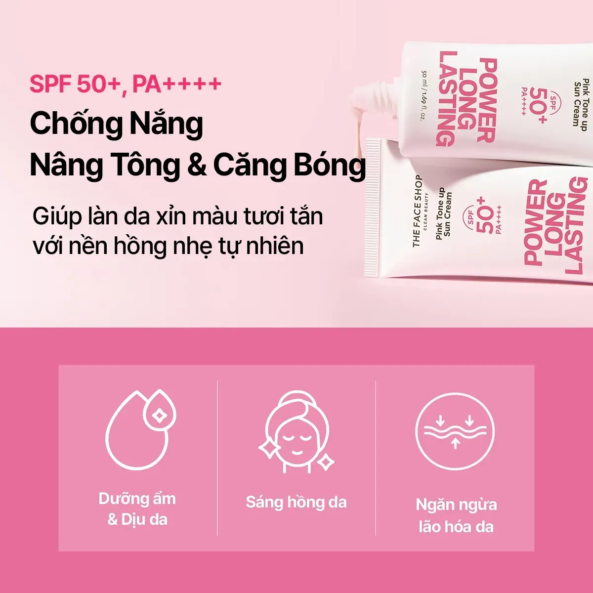 Kem Chống Nắng Nâng Tone Da Power Long Lasting Pink Tone Up Sun Cream Spf50+ Pa++++ 50ml